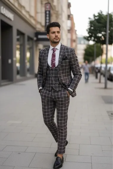 Costum barbati slim fit negru in carouri B7916 124